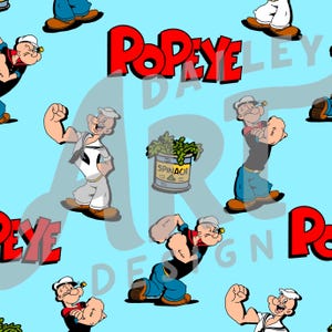 Puede incluir: Patrón repetitivo con el personaje de dibujos animados Popeye en varias poses, con la palabra "Popeye" en letras rojas. El fondo es de color azul claro. También aparece una lata de espinacas en el patrón.
