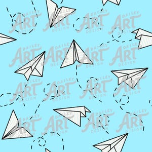 Può includere: Un motivo ripetuto di aeroplanini di carta bianchi con contorni neri e dettagli a righe su sfondo azzurro. Linee tratteggiate suggeriscono traiettorie di volo. Il testo "DAILEY ART DESIGN" è ripetuto.