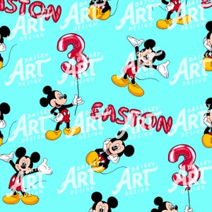 May include: A repeating pattern on a light blue background featuring Mickey Mouse in various poses. Mickey is wearing red shorts, a black shirt, and yellow shoes. Red number 3 balloons and the name "Easton" are also present.
