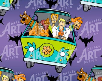 May include: A repeating pattern featuring the Mystery Machine van with the Scooby-Doo gang. The van is green and blue, with the characters looking scared. The background is purple with black bat silhouettes and the text "DAILEY ART DESIGN".