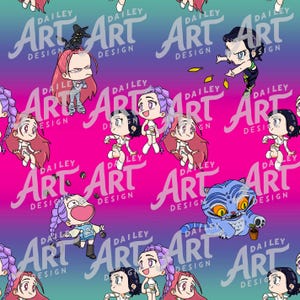 Könnte beinhalten: Nahtloses Muster mit Cartoonfiguren mit verschiedenen Frisuren und Outfits, vor einem leuchtenden rosa-blauen Farbverlauf. Der Text "DAILEY ART DESIGN" wiederholt sich im gesamten Design.