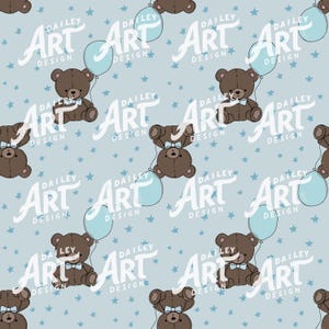 Modèle sans couture ours en peluche bleu | Ours mignon avec ballon numérique | Fond d'écran bébé garçon | Téléchargement instantané