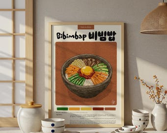 Plakat z koreańskim bibimbapem: pastelowy wydruk kuchenny