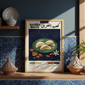 Póster de cocina con cuerno de gacela marroquí, póster de comida, lápiz pastel, póster de cocina, impresión hecha a mano, decoración de restaurante, póster de recetas de comida.