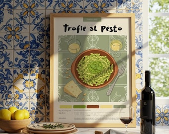 Plakat „Trofie al Pesto”: Włoska sztuka kuchenna, ilustracja pastelowa