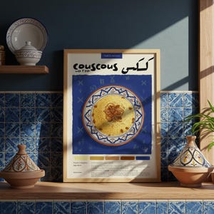 Póster de cocina de cuscús marroquí / Póster de comida / Lápiz pastel / Póster de cocina / Hecho a mano / Impresión / Decoración de restaurante / Póster de receta de comida
