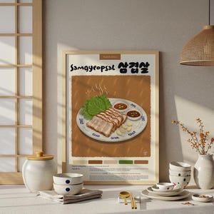 Póster de Samgyeopsal coreano / Póster de cocina / Póster de comida / Lápiz pastel / Impresión coreana / Decoración de restaurante / Receta de comida / Decoración de cocina
