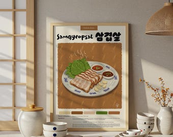 Plakat z kuchnią Samgyeopsal: koreańskie jedzenie, rysunek ołówkiem pastelowym