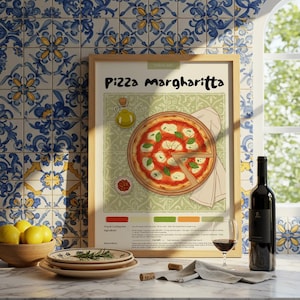 Pizza Margherita Italiana / Poster da Cucina / Poster di Cibo / Pastello a Matita / Stampa Italiana / Decorazione Ristorante / Ricetta di Cibo / Decorazione da Cucina
