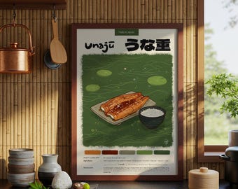 Japoński plakat z unagi: wydruk artystyczny z jedzeniem wykonany pastelową kredką