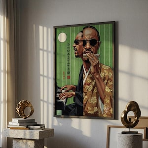 Póster de Stevie Wonder / Retrato dividido / Lápiz pastel / Póster japonés / Hecho a mano / Impresión artística icónica / Decoración del hogar / Marco de arte / Idea de regalo