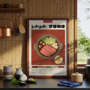 Póster de cocina japonesa de sukiyaki / Póster de comida / Lápiz pastel / Póster de cocina / Impresión hecha a mano / Decoración de restaurante / Impresión de recetas de comida