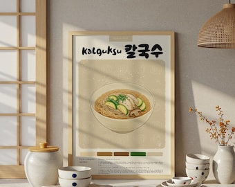 Plakat z koreańską zupą z makaronem Kalguksu: pastelowy wydruk artystyczny do kuchni