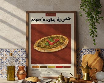 Plakat z kuchnią libańską Manoushe: Sztuka jedzenia wykonana pastelowymi ołówkami