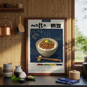 Póster de cocina japonesa de natto / Póster de comida / Lápiz pastel / Póster de cocina / Impresión japonesa / Decoración de restaurante / Receta de comida
