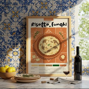 Risotto ai Funghi italiano / Póster de cocina / Póster de comida / Lápiz pastel / Impresión italiana / Decoración de restaurante / Receta de comida / Decoración de cocina