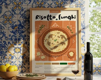 Risotto ai Funghi Print: plakat z włoskim jedzeniem kuchennym, pastelowa sztuka ołówkowa