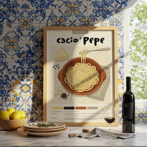 Cacio E Pepe italiano / Póster de cocina / Póster de comida / Lápiz pastel / Impresión italiana / Decoración de restaurante / Receta de comida / Decoración de cocina