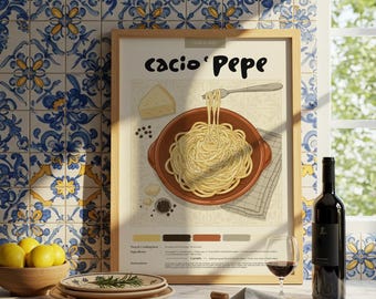 Plakat do kuchni Cacio e Pepe: Włoska sztuka kulinarna, wydruk pastelowymi ołówkami
