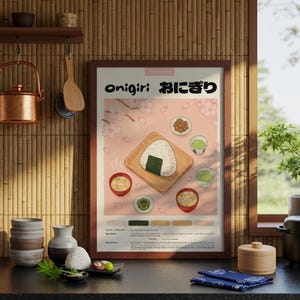 Póster de cocina japonesa de onigiri / Póster de comida / Lápiz pastel / Póster de cocina / Impresión japonesa / Decoración de restaurante / Receta de comida