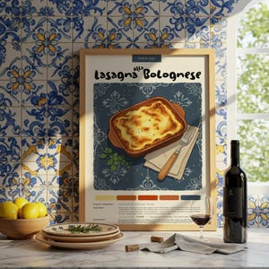 Lasaña a la boloñesa italiana / Póster de cocina / Póster de comida / Lápiz pastel / Impresión italiana / Decoración de restaurante / Receta de comida / Decoración de cocina