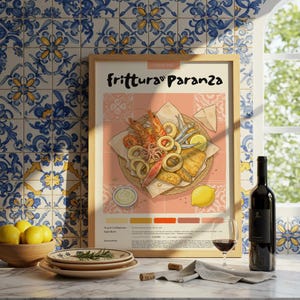 Frittura di Paranza italiana / Póster de cocina / Póster de comida / Lápiz pastel / Impresión italiana / Decoración de restaurante / Receta de comida / Decoración de cocina