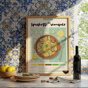 Espaguetis a la Vongole italianos / Póster de cocina / Póster gastronómico / Lápiz pastel / Impresión italiana / Decoración de restaurante / Receta gastronómica