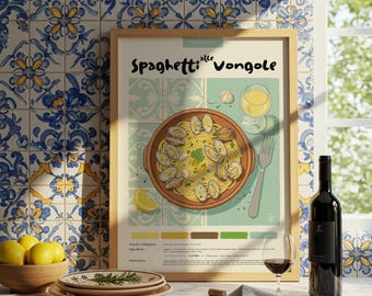 Spaghetti alle Vongole Print: plakat z włoskim jedzeniem kuchennym