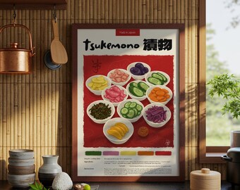 Japoński plakat kuchenny Tsukemono: wydruk artystyczny z jedzeniem wykonany pastelową kredką