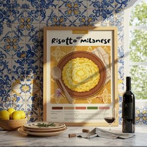 Risotto italiano a la milanesa / Póster de cocina / Póster de comida / Lápiz pastel / Impresión italiana / Decoración de restaurante / Receta de comida / Decoración de cocina