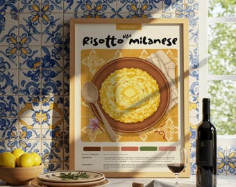 Risotto alla Milanese Druk: Plakat z włoskim jedzeniem w kuchni, pastelowy ołówek