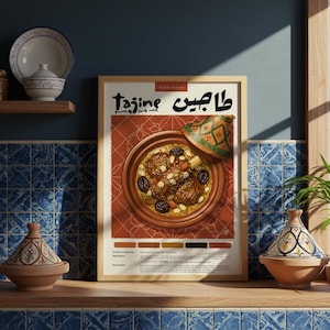 Póster de comida marroquí Tajine / Póster de comida / Lápiz pastel / Póster de cocina / Hecho a mano / Impresión / Decoración de restaurante / Póster de receta de comida