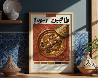 Plakat z tadżinem i jedzeniem marokańskim | Plakat z jedzeniem | Kredka pastelowa | Plakat do kuchni | Ręcznie robiony | Wydruk | Wystrój restauracji | plakat z przepisem kulinarnym