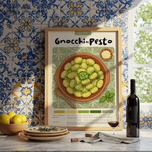 Italienische Gnocchi al Pesto | Küche Poster | Essen Poster | Pastellstift | Italienischer Druck | Restaurant Dekor | Lebensmittel-Rezept | Küchen deko