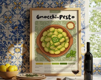 Plakat kuchenny „Gnocchi al Pesto”: Włoska sztuka kulinarna, wydruk pastelowymi ołówkami