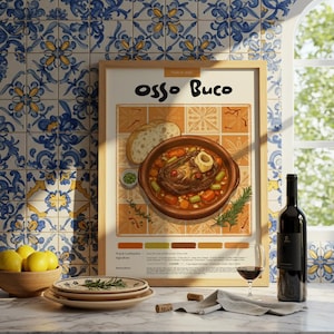 Ossobuco italiano / Poster da cucina / Poster di cibo / Pastello a matita / Stampa italiana / Decorazione ristorante / Ricetta alimentare / Decorazione cucina / Regalo