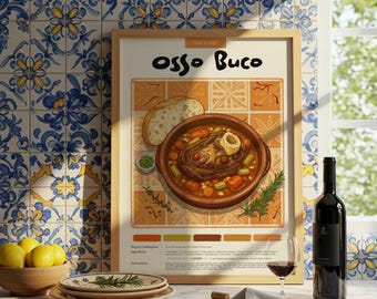 Plakat kuchenny Osso Buco: Włoska sztuka kulinarna, wydruk pastelowymi ołówkami