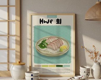 Koreański plakat Hwe: Ilustracja jedzenia wykonana pastelowymi ołówkami, wystrój kuchni