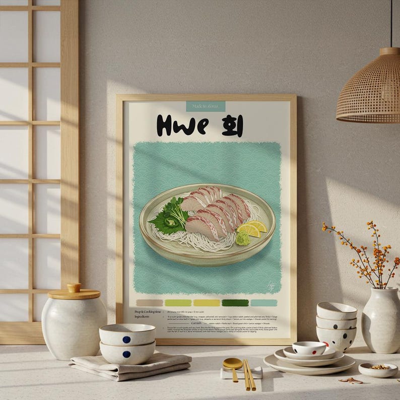 Hwe Letters Korean Hwe Poster: Pastel Pencil Food Illustration, Kitchen Decor - Etsy