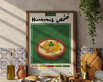 Plakat z libańską kuchnią hummusową: Ilustracja jedzenia wykonana pastelowymi ołówkami