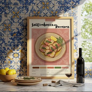 Saltimbocca alla romana / Poster da cucina / Poster di cibo / Pastello / Stampa italiana / Decorazione per ristoranti / Ricette di cibo / Decorazione per la casa
