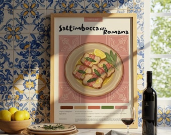 Plakat kuchenny Saltimbocca alla Romana: Włoska sztuka kulinarna, pastelowy druk ołówkiem