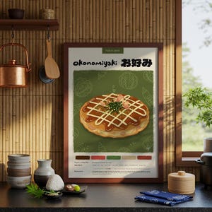 Póster de cocina japonesa Okonomiyaki / Póster de comida / Lápiz pastel / Póster de cocina / Impresión hecha a mano / Decoración de restaurante / Impresión de recetas de comida