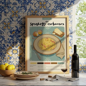 Espaguetis a la carbonara italianos / Póster de cocina / Póster gastronómico / Lápiz pastel / Impresión italiana / Decoración de restaurante / Receta gastronómica