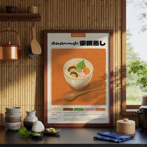 Póster de cocina japonesa Chawanmushi / Póster de comida / Lápiz pastel / Póster de cocina / Impresión hecha a mano / Decoración de restaurante / Impresión de recetas de comida