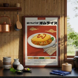 Póster de cocina japonesa Omurice / Póster de comida / Lápiz pastel / Póster de cocina / Impresión japonesa / Decoración de restaurante / Receta de comida