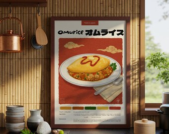 Plakat z japońską kuchnią Omurice: Ilustracja jedzenia wykonana pastelowymi ołówkami