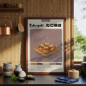 Póster de cocina japonesa Takoyaki / Póster de comida / Lápiz pastel / Póster de cocina / Impresión hecha a mano / Decoración de restaurante / Póster de receta de comida