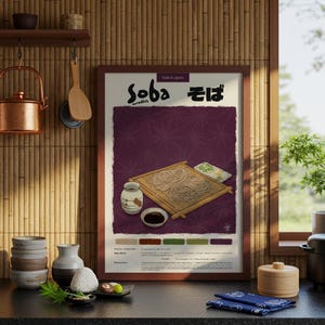 Póster de cocina japonesa de soba / Póster de comida / Lápiz pastel / Póster de cocina / Impresión japonesa / Decoración de restaurante / Receta de comida