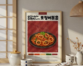 Koreański plakat Ojingeo Bokkeum: pastelowy wydruk artystyczny do kuchni